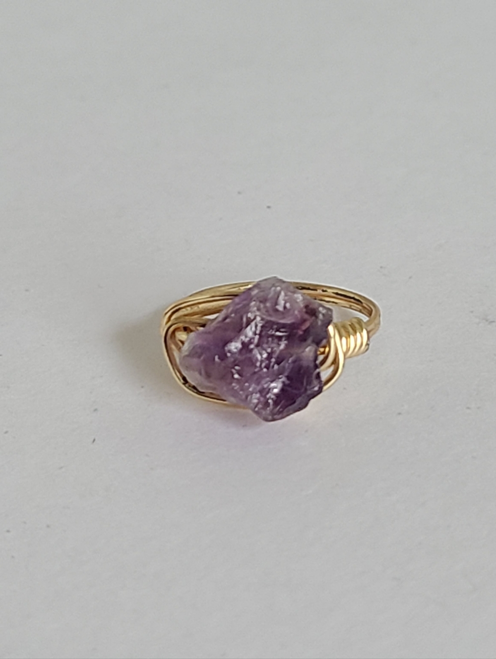Boho Gold Plated Wire Wrapped Natural Rough Amethyst Gemstone Statement Ring
